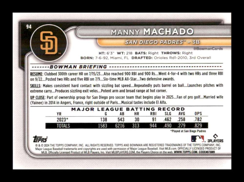 Load image into Gallery viewer, 2024 Bowman Manny Machado #94 San Diego Padres  Image 2
