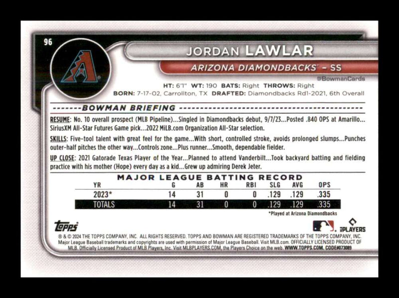 Load image into Gallery viewer, 2024 Bowman Jordan Lawlar #96 Arizona Diamondbacks Rookie RC  Image 2
