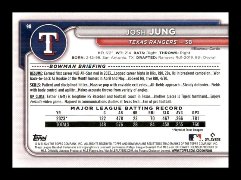 Load image into Gallery viewer, 2024 Bowman Josh Jung #98 Texas Rangers  Image 2
