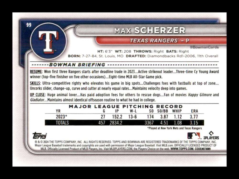 Load image into Gallery viewer, 2024 Bowman Max Scherzer #99 Texas Rangers  Image 2
