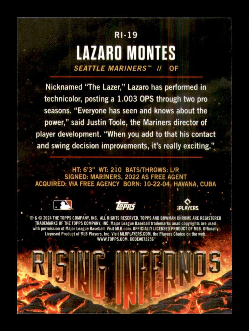 Load image into Gallery viewer, 2024 Bowman Rising Infernos Lazaro Montes #RI-19 Seattle Mariners Rookie RC  Image 2
