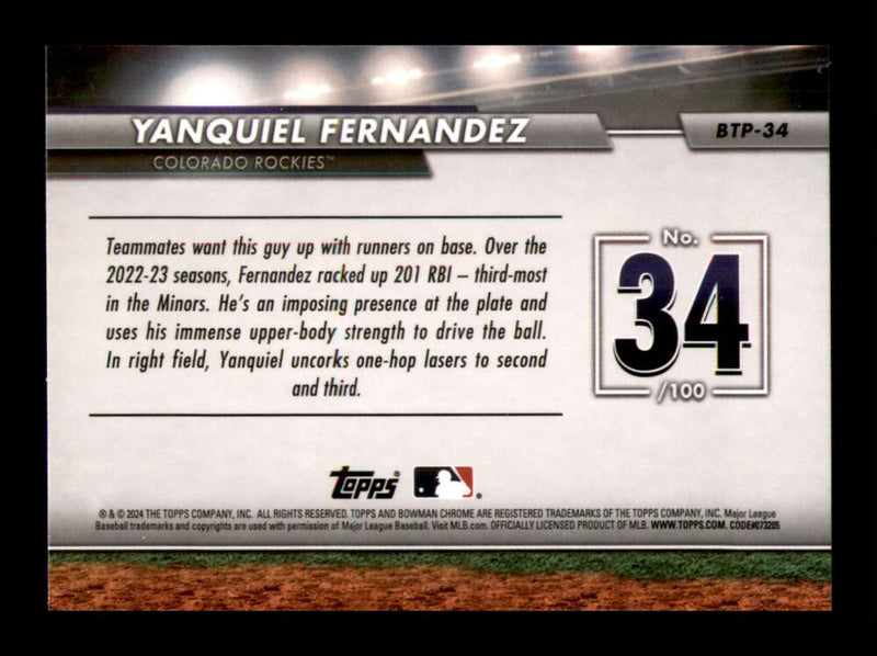 Load image into Gallery viewer, 2024 Bowman Top 100 Yanquiel Fernandez #BTP-34 Colorado Rockies  Image 2
