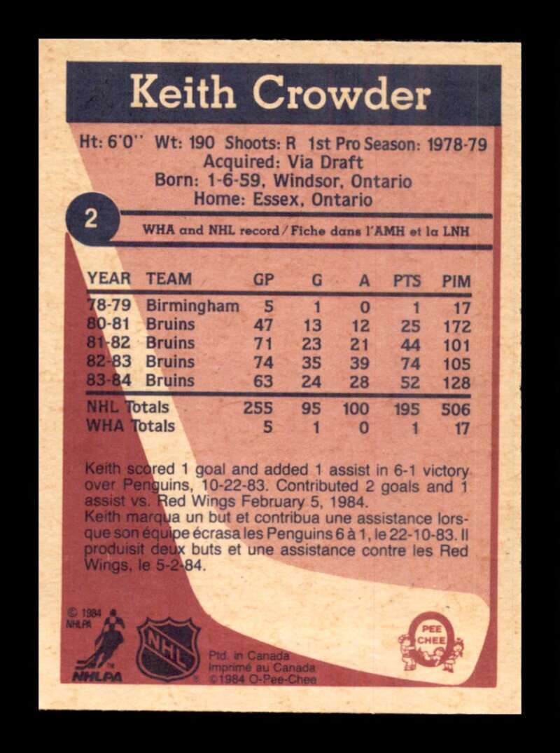 Load image into Gallery viewer, 1984-85 O-Pee-Chee Keith Crowder #2 Boston Bruins NM Near Mint Image 2
