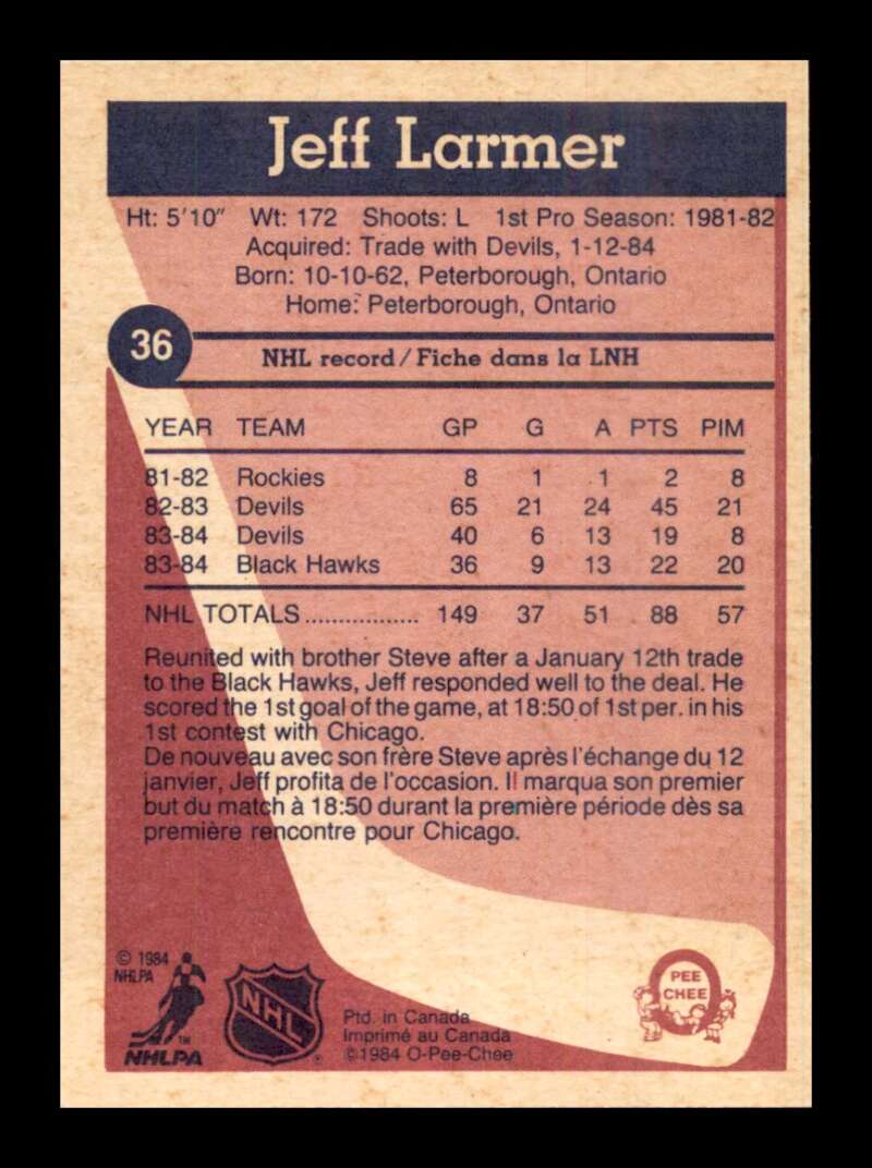 Load image into Gallery viewer, 1984-85 O-Pee-Chee Jeff Larmer #36 Chicago Blackhawks NM Near Mint Image 2
