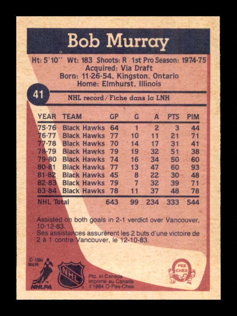 Load image into Gallery viewer, 1984-85 O-Pee-Chee Bob Murray #41 Chicago Blackhawks NM Near Mint Image 2
