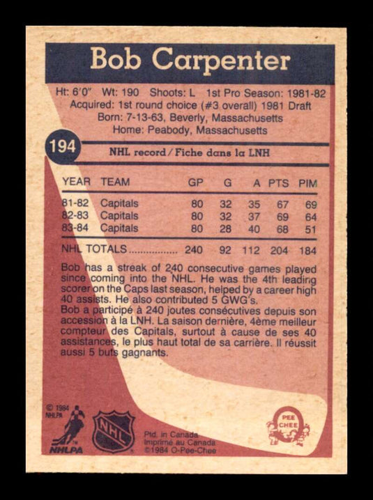 1984-85 O-Pee-Chee Bob Carpenter