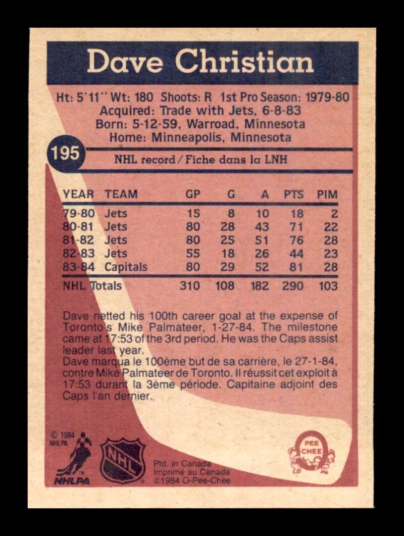 Load image into Gallery viewer, 1984-85 O-Pee-Chee Dave Christian #195 Washington Capitals NM Near Mint Image 2
