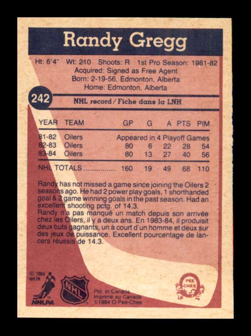 Load image into Gallery viewer, 1984-85 O-Pee-Chee Randy Gregg #242 Edmonton Oilers NM Near Mint Image 2
