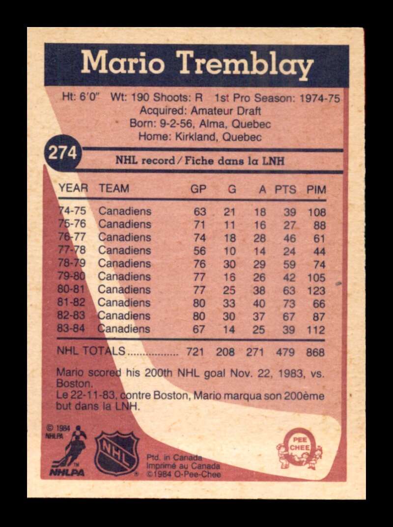 Load image into Gallery viewer, 1984-85 O-Pee-Chee Mario Tremblay #274 Montreal Canadiens NM Near Mint Image 2
