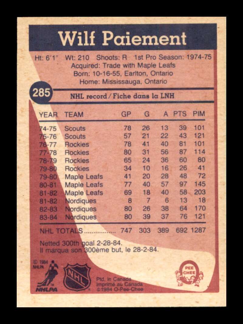 Load image into Gallery viewer, 1984-85 O-Pee-Chee Wilf Paiement #285 Quebec Nordiques NM Near Mint Image 2
