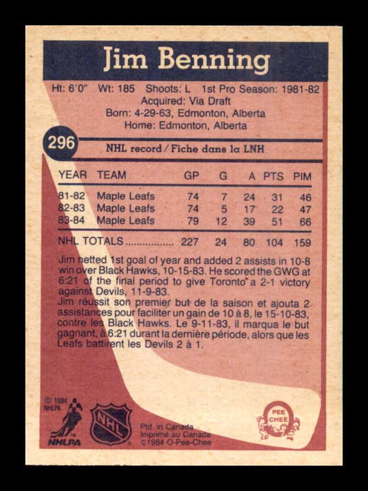 1984-85 O-Pee-Chee Jim Benning 