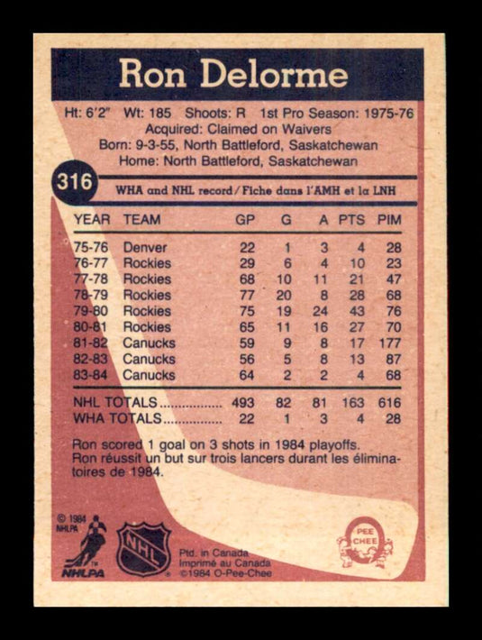 1984-85 O-Pee-Chee Ron Delorme 