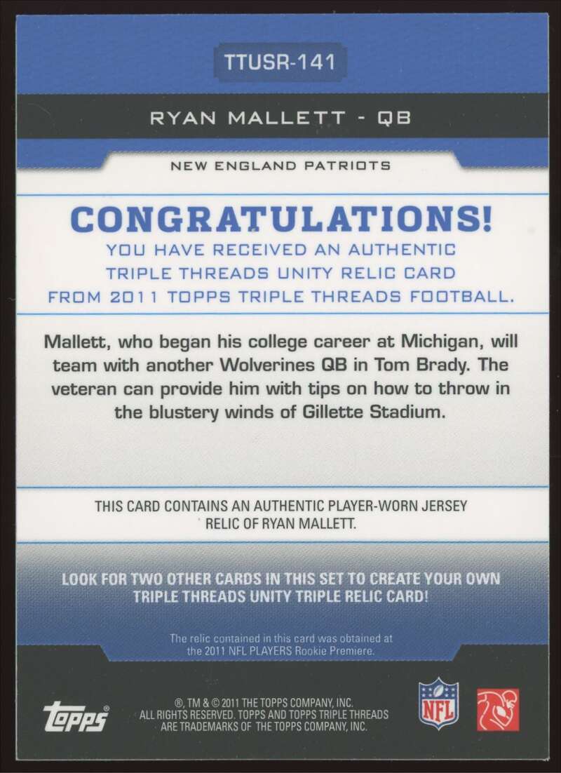 Load image into Gallery viewer, 2011 Topps Triple Threads Unity Relic Ryan Mallett #TTUSR-141 New England Patriots Rookie RC /36  Image 2
