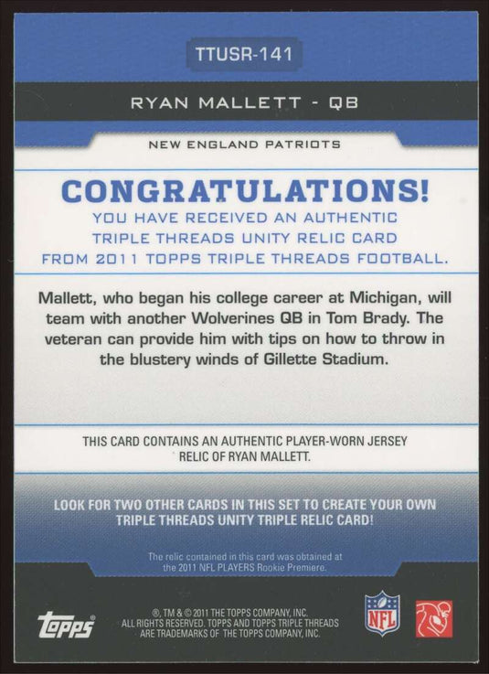 2011 Topps Triple Threads Unity Relic Ryan Mallett 