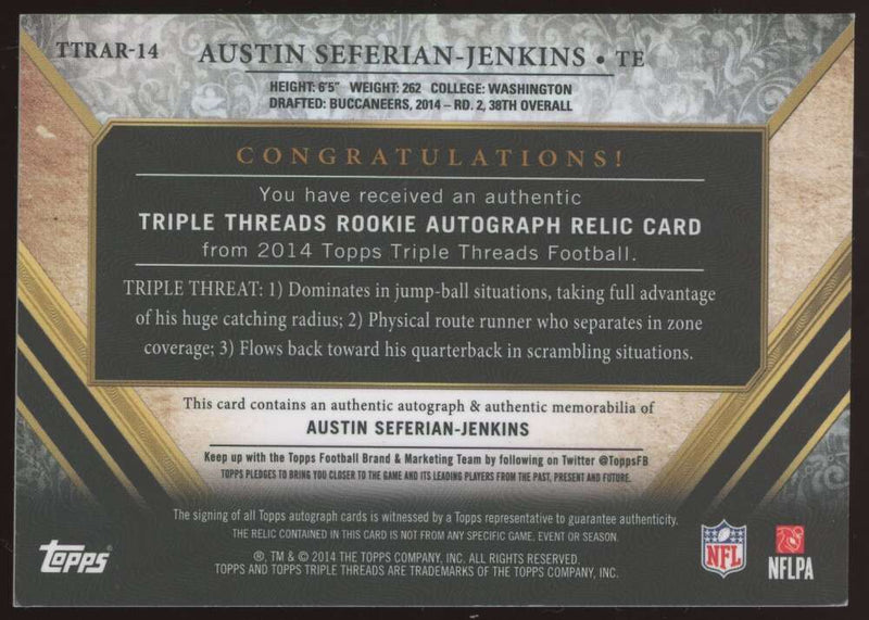 Load image into Gallery viewer, 2014 Topps Triple Threads Gold Rookie Patch Auto Austin Seferian-Jenkins #TTRAR-14 Tampa Bay Buccaneers RC RPA /25  Image 2
