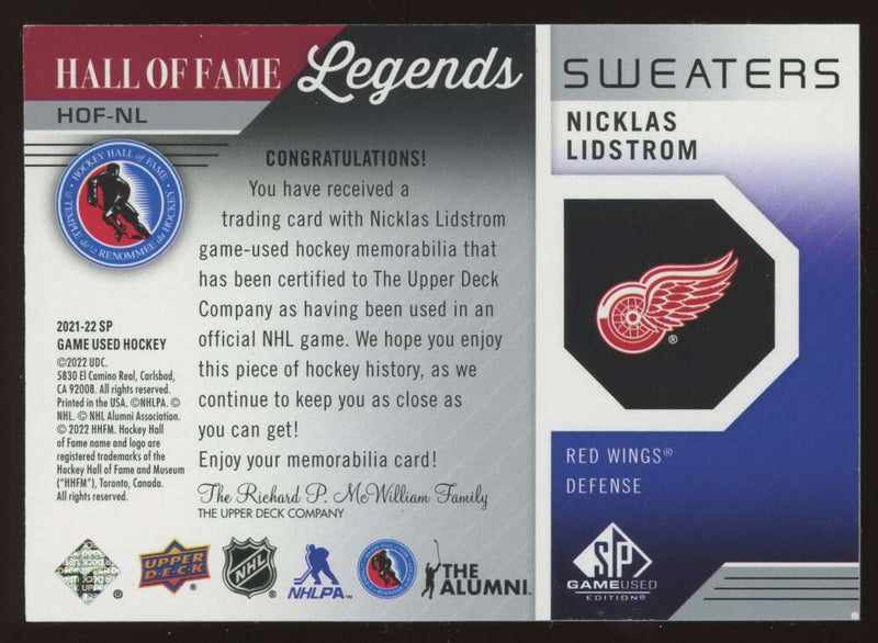 Load image into Gallery viewer, 2021-22 SP Game Used HOF Legends Sweaters Nicklas Lidstrom #HOF-NL Detroit Red Wings Patch Image 2
