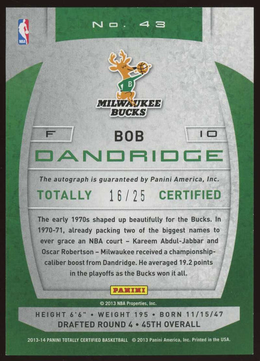 2013-14 Panini Totally Certified Gold Auto Bob Dandridge 