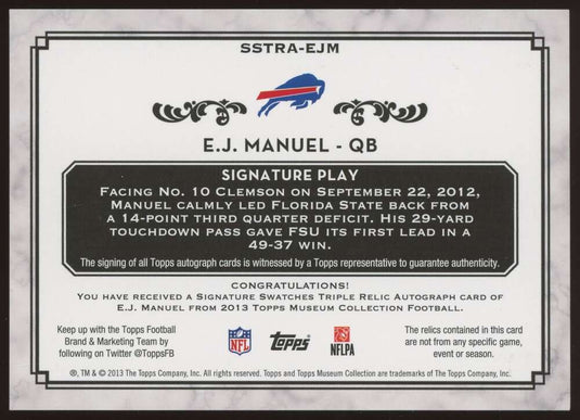 2013 Topps Museum Copper Rookie Patch Auto E.J. Manuel 