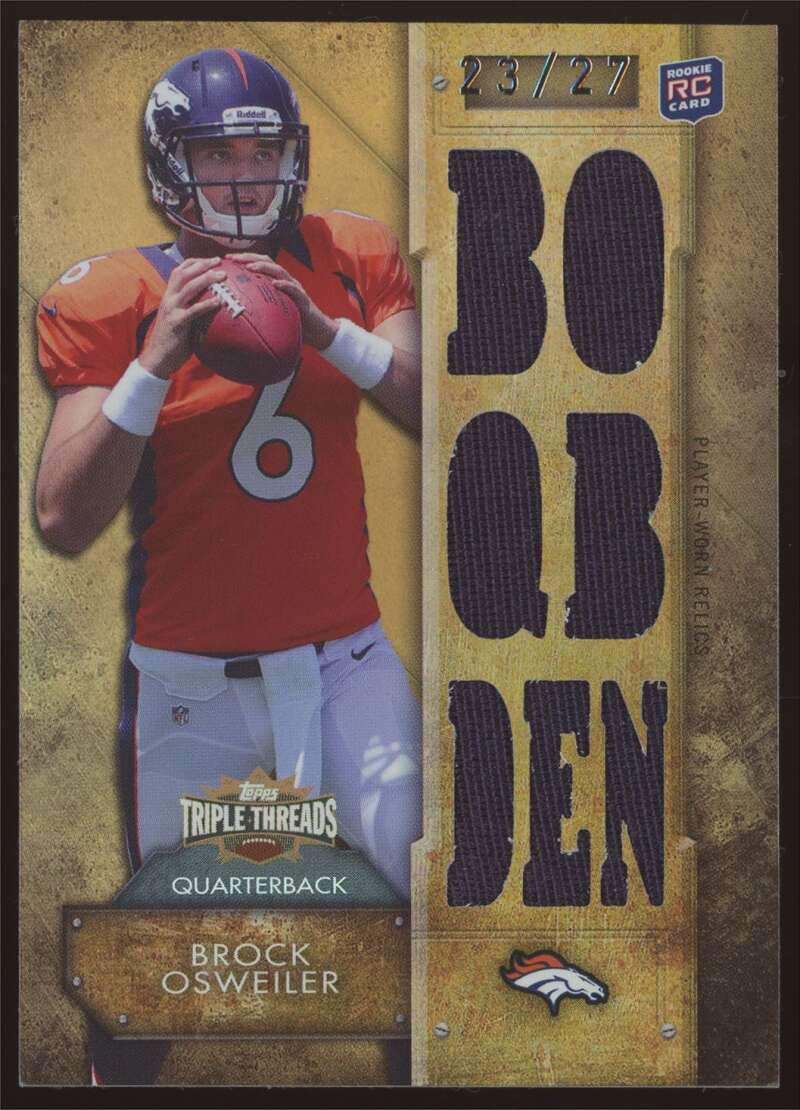 Load image into Gallery viewer, 2012 Topps Triple Threads Sepia Relic Brock Osweiler #TTR-11 Denver Broncos Rookie RC /27  Image 1
