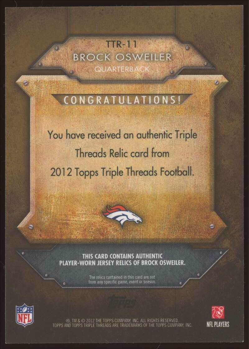 Load image into Gallery viewer, 2012 Topps Triple Threads Sepia Relic Brock Osweiler #TTR-11 Denver Broncos Rookie RC /27  Image 2
