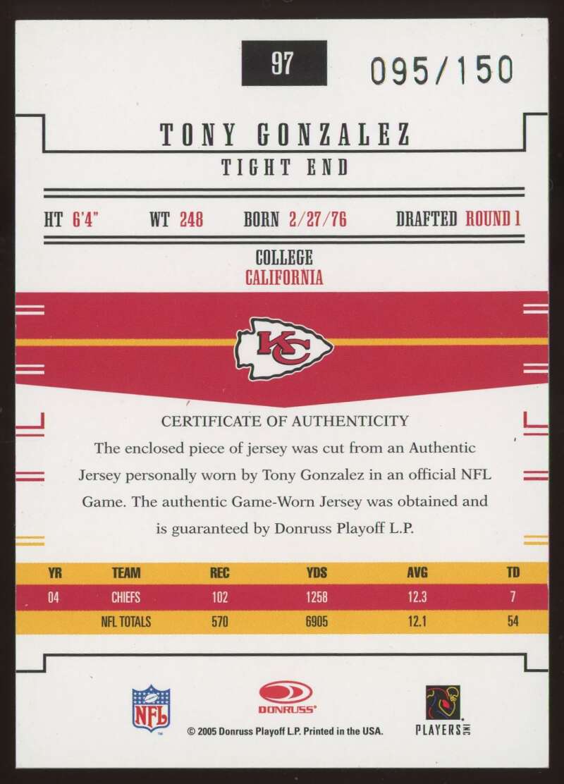 Load image into Gallery viewer, 2005 Donruss Gridiron Gear Jersey Tony Gonzalez #97 Kansas City Chiefs Patch Relic /150  Image 2
