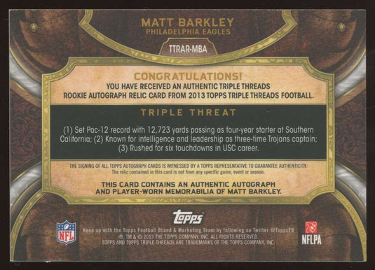 2013 Topps Triple Threads Purple Rookie Patch Auto Matt Barkley 