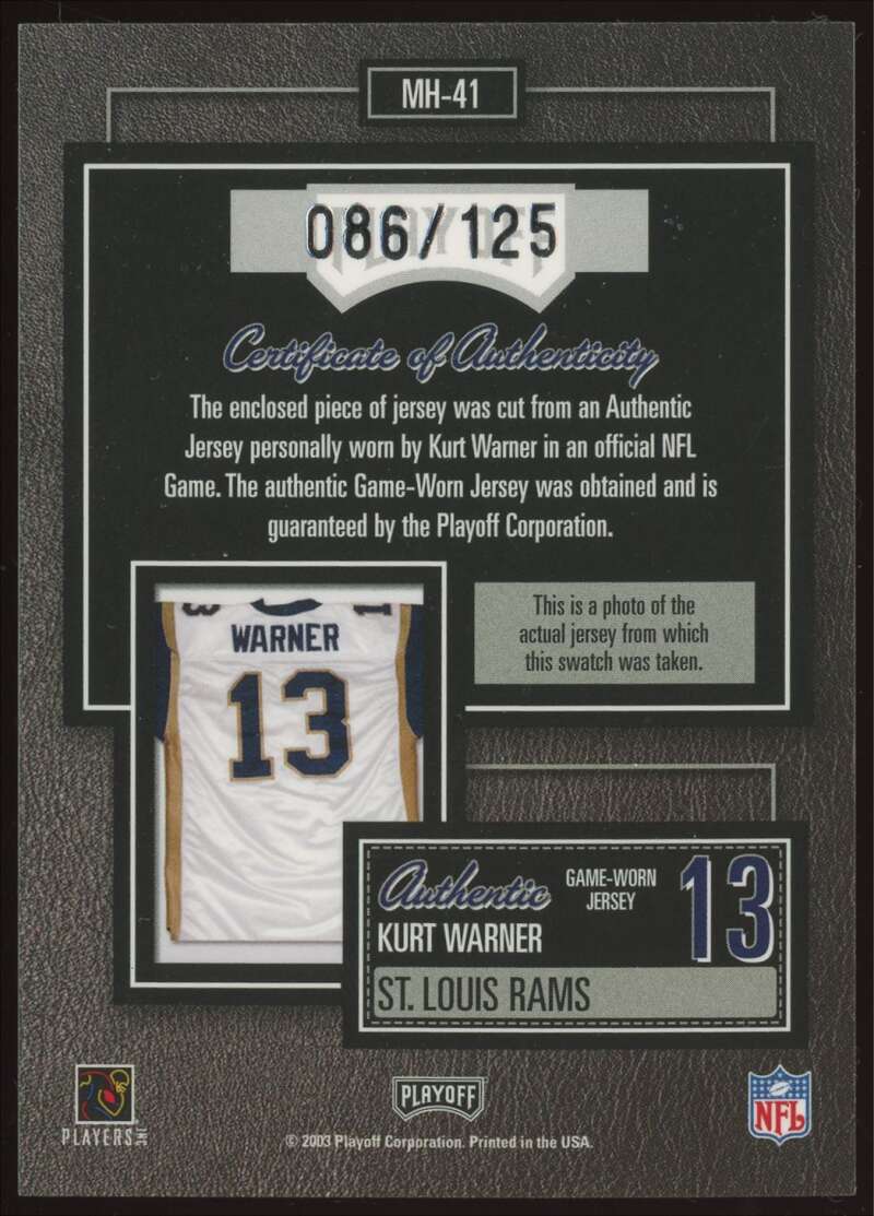 Load image into Gallery viewer, 2003 Playoff Hogg Heaven Material Hoggs Silver Kurt Warner #MH-41 St. Louis Rams Relic /125  Image 2
