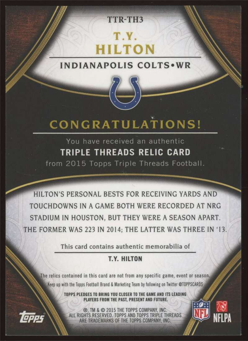 Load image into Gallery viewer, 2015 Topps Triple Threads Emerald Relic T.Y Hilton #TTR-TH3 Indianapolis Colts Patch /18  Image 2
