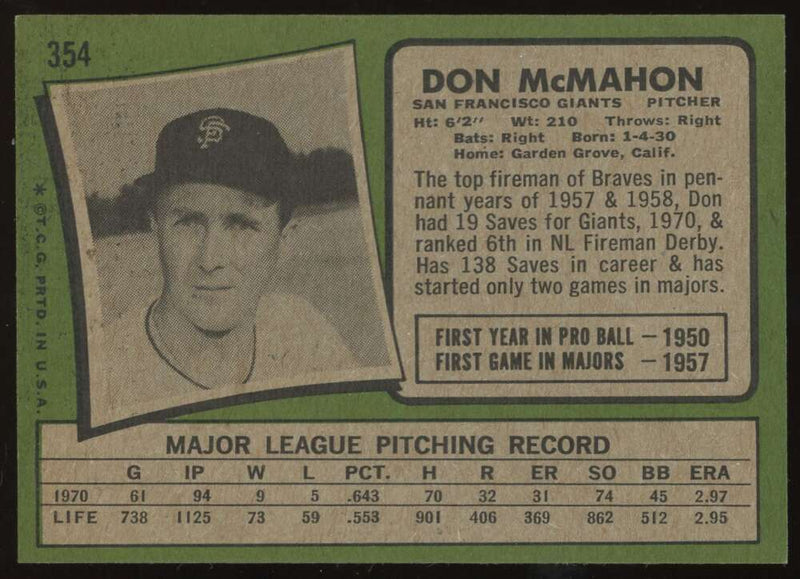 Load image into Gallery viewer, 1971 Topps Don McMahon #354 San Francisco Giants VG-VGEX Wrinkle Image 2
