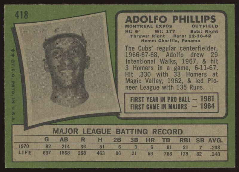 Load image into Gallery viewer, 1971 Topps Adolfo Phillips #418 Montreal Expos VG-VGEX Wrinkle Image 2
