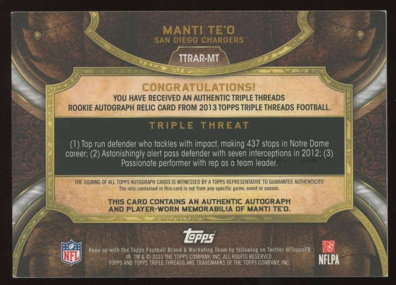 Load image into Gallery viewer, 2013 Topps Triple Threads Purple Rookie Patch Auto Manti Te&#39;o #TTRAR-MT San Diego Chargers RC RPA /75  Image 2
