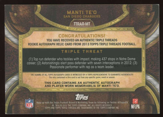 2013 Topps Triple Threads Purple Rookie Patch Auto Manti Te'o 