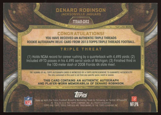 2013 Topps Triple Threads Purple Rookie Patch Auto Denard Robinson