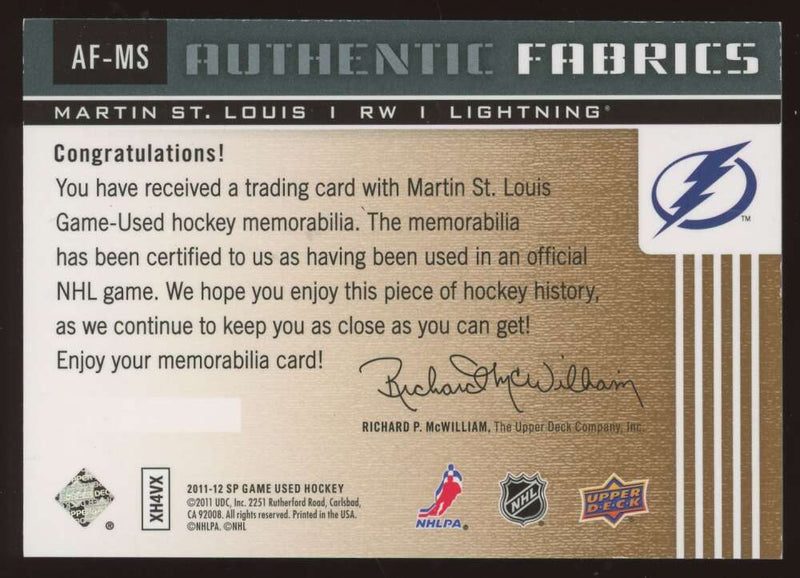 Load image into Gallery viewer, 2011-12 Upper Deck SP Authentic Fabrics Martin St. Louis #AF-MS Tampa Bay Lightning Relic /35  Image 2
