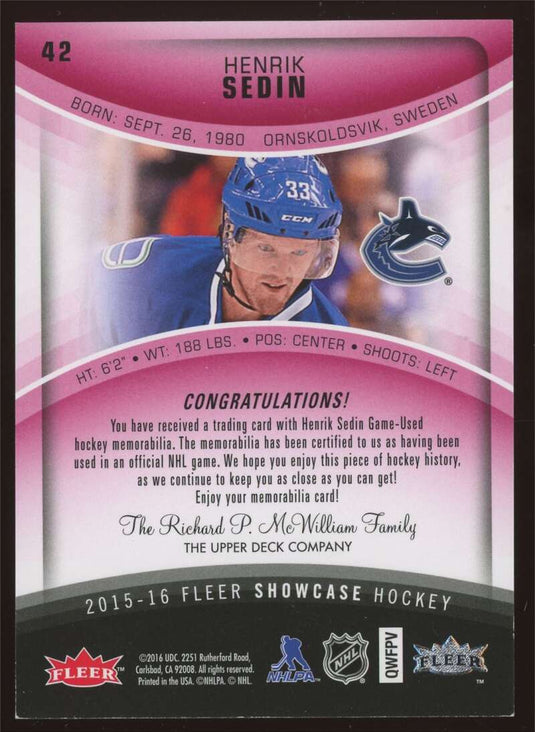 2015-16 Fleer Showcase Red Glow Patch Henrik Sedin 