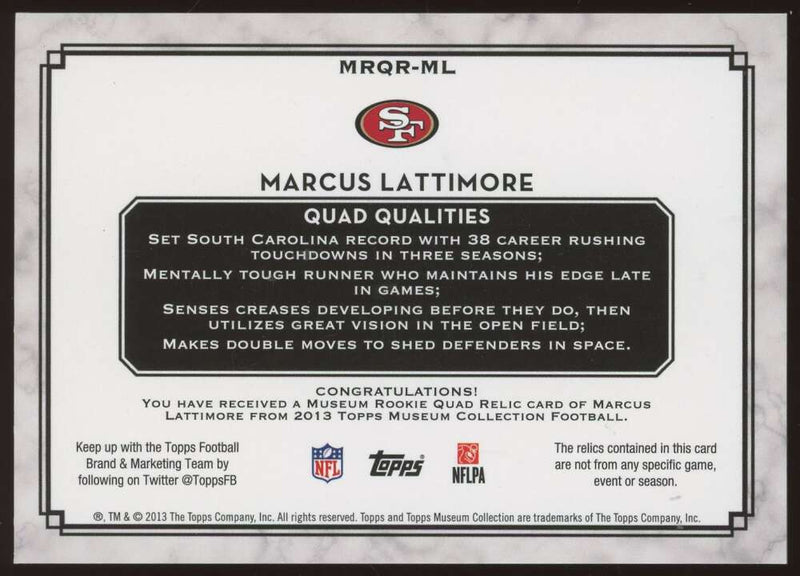 Load image into Gallery viewer, 2013 Topps Museum Quad Relic Marcus Lattimore #MRQR-ML 49ers Rookie RC /75  Image 2
