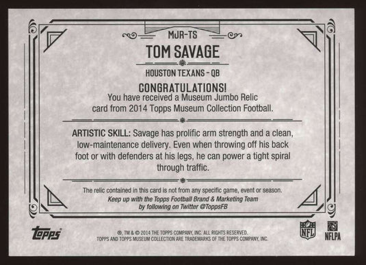 2014 Topps Museum Gold Jumbo Relic Tom Savage