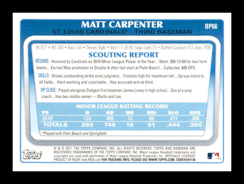 Load image into Gallery viewer, 2011 Bowman Prospects Matt Carpenter #BP66 St. Louis Cardinals Rookie RC Image 2
