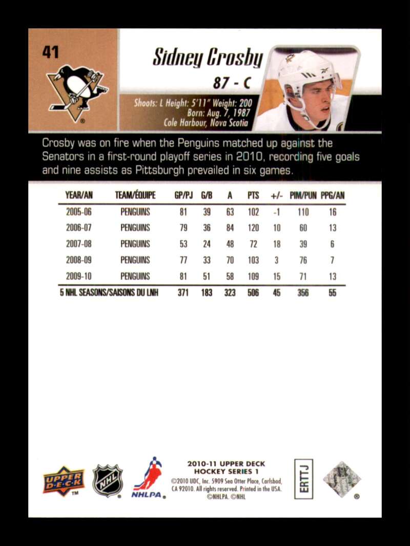 Load image into Gallery viewer, 2010-11 Upper Deck Sidney Crosby #41 Pittsburgh Penguins  Image 2
