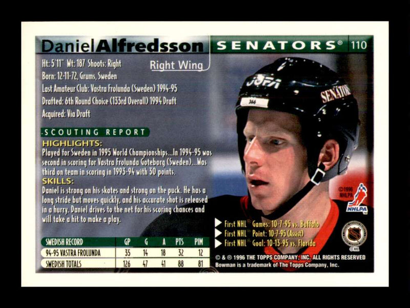 Load image into Gallery viewer, 1995-96 Bowman Daniel Alfredsson #110 Ottawa Senators Rookie RC  Image 2
