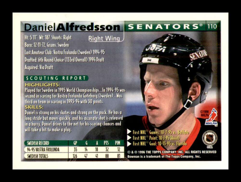 Load image into Gallery viewer, 1995-96 Bowman Daniel Alfredsson #110 Ottawa Senators Rookie RC  Image 2
