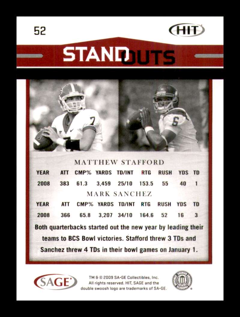 Load image into Gallery viewer, 2009 SAGE HIT Mark Sanchez Matthew Stafford #52 Rookie RC Image 2
