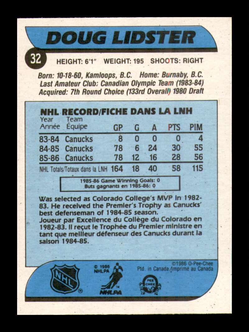 Load image into Gallery viewer, 1986-87 O-Pee-Chee Doug Lidster #32 Vancouver Canucks NM Near Mint Image 2
