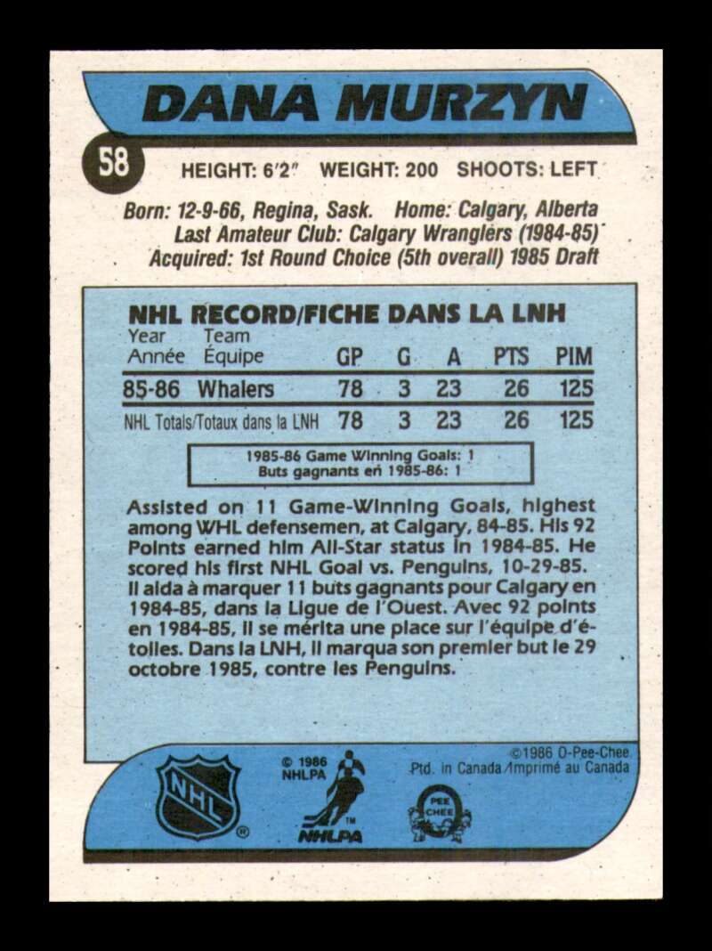 Load image into Gallery viewer, 1986-87 O-Pee-Chee Dana Murzyn #58 Hartford Whalers Rookie RC NM Near Mint Image 2
