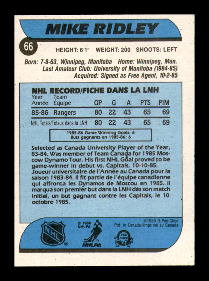 Load image into Gallery viewer, 1986-87 O-Pee-Chee Mike Ridley #66 New York Rangers Rookie RC NM Near Mint Image 2
