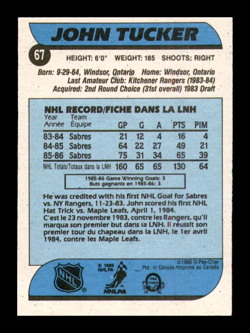 Load image into Gallery viewer, 1986-87 O-Pee-Chee John Tucker #67 Buffalo Sabres Rookie RC NM Near Mint Image 2
