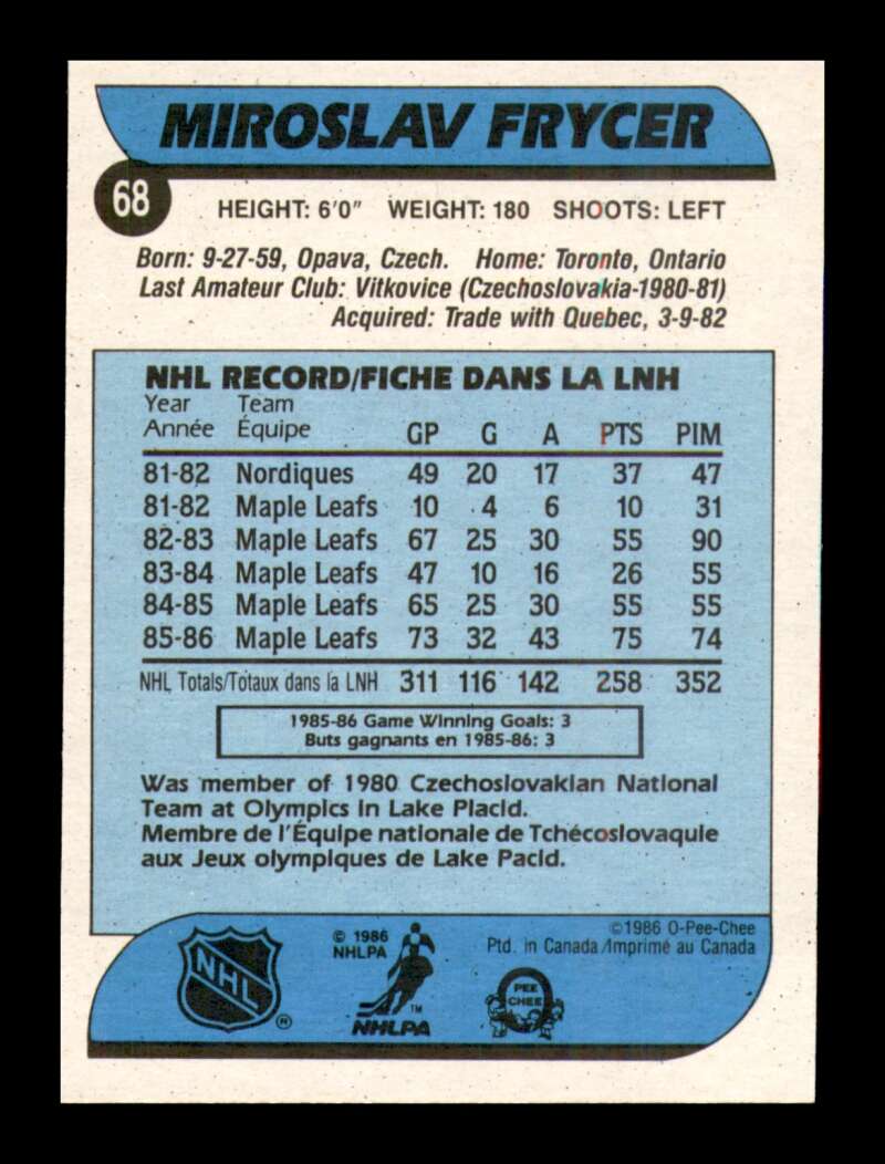 Load image into Gallery viewer, 1986-87 O-Pee-Chee Miroslav Frycer #68 Toronto Maple Leafs NM Near Mint Image 2
