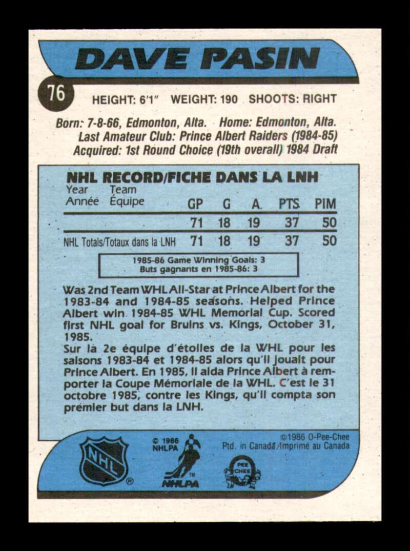 Load image into Gallery viewer, 1986-87 O-Pee-Chee Dave Pasin #76 Boston Bruins Rookie RC NM Near Mint Image 2
