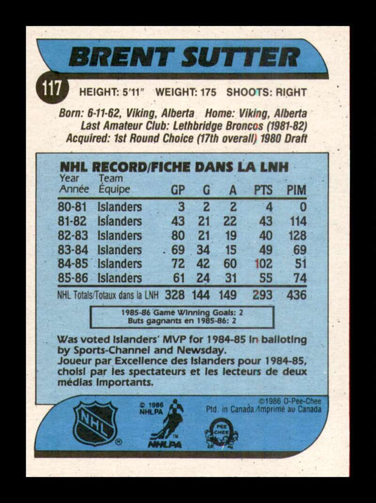 1986-87 O-Pee-Chee Brent Sutter 
