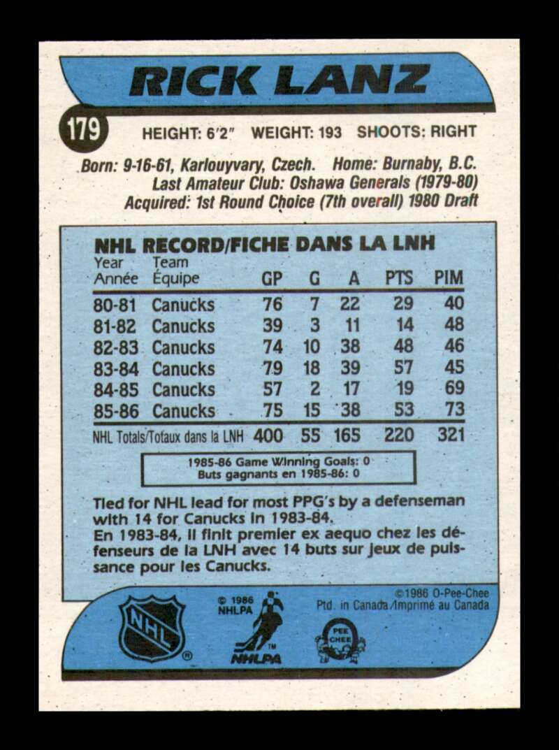 Load image into Gallery viewer, 1986-87 O-Pee-Chee Rick Lanz #179 Vancouver Canucks NM Near Mint Image 2
